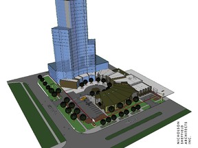 An artist?s drawing shows the second and third phases of the London Roundhouse project. The second phase, underway now, is a 1,600-square-metre building that will form a semi-circle behind the roundhouse at 240 Waterloo St. The third phase planned by Creative Property Developments is a highrise residential tower.