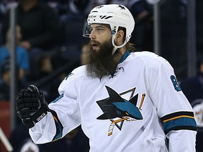 San Jose Sharks defenceman Brent Burns celebrates a goal against the Winnipeg Jets in Winnipeg on Jan. 24, 2017. (Kevin King/Winnipeg Sun/Postmedia Network)