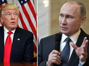 U.S. President Donald Trump, left, had an hourlong discussion Saturday with Russian President Vladimir Putin.  (The Associated Press file photos)