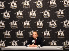 NHL Commissioner Gary Bettman speaks with the media during 2017 NHL All-Star Media Day as part of the 2017 NHL All-Star Weekend at the JW Marriott on Jan. 28, 2017 in Los Angeles. (Bruce Bennett/Getty Images)