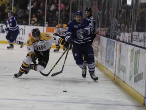 Kingston Frontenacs Emmett Gordon and Mississauga Steelheads Aidan McFarland race for the puck into the Fronts' end during the first period of Ontario Hockey League action at the Rogers K-Rock Centre in Kingston, Ontario on Saturday, Jan. 28, 2017. The Frontenacs defeated the Steelheads 1-0 in overtime. (Steph Crosier, Kingston Whig-Standard, Postmedia Network)