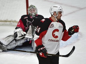 Edmonton Oil Kings goalie Patrick Dea (1) got scored on by Prince George Cougars Radovan Bondra (24) as he celebrates during WHL action at Rogers Place in Edmonton, Saturday, January 28, 2017.