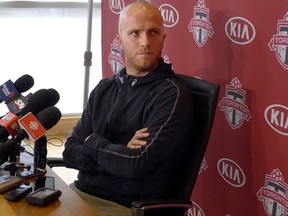 Toronto FC midfielder Michael Bradley speaks to reporters in Toronto on Friday November 7, 2014. (THE CANADIAN PRESS/Neil Davidson)