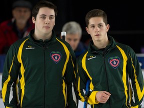 Northern Ontario skip Tanner Horgan and second Nick Bissonnette keep an eye on the play on the ice during Canadian Junior Curling Champiship Men's Semi Final on Saturday in Victoria, B.C. Curling Canada/michael burns photo