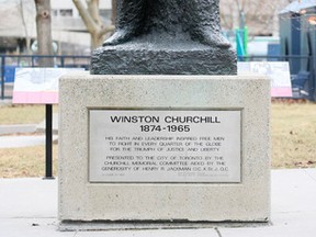 A statue of Winston Churchill stands next to Toronto's City Hall on Sunday, Jan. 29, 2017. (Veronica Henri/Toronto Sun)