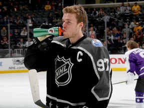 Connor McDavid of the Edmonton Oilers warms up prior to the 2017 Honda NHL All-Star Game at Staples Center on Sunday, Jan. 29, 2017 in Los Angeles, Calif.  (Bruce Bennett/Getty Images)