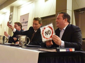Alberta Conservative Party leadership candidates Byron Nelson (left), Richard Starke, and Jason Kenney answer silly questions during a lighthearted lightning round session of silly questions with Byron Nelson (left) and Jason Kenney at the Pomeroy Hotel on Friday January 27, 2017 in Grande Prairie, Alta. The three candidates debated and answered questions from the public for an hour-and-a-half. Svjetlana Mlinarevic/Grande Prairie Daily Herald-Tribune/Postmedia Network