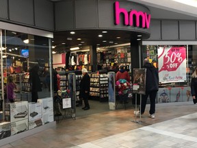 The HMV store at the Cataraqui Centre, seen here Sunday, will close in a few months along with all HMV stores in Canada. (Steph Crosier/The Whig-Standard)