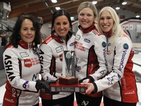 (Left to right) Michelle Englot, Kate Cameron, Leslie Wilson and Raunora Westcott pose with the trophy for winning the Manitoba Scotties at the Eric Coy Arena in Winnipeg on Sunday, Jan. 29, 2017.
Courtesy of CurlManitoba
