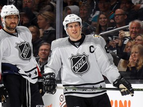 Alex Ovechkin (left) of the Capitals and Sidney Crosby of the Penguins (right) look on during the NHL All-Star semifinal game in Los Angeles on Sunday, Jan. 29, 2017. (Bruce Bennett/Getty Images)