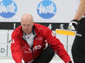 Glenn Howard throws a rock during his opening-draw win over Cory Heggestad last night. (PETE FISHER/Postmedia Network)