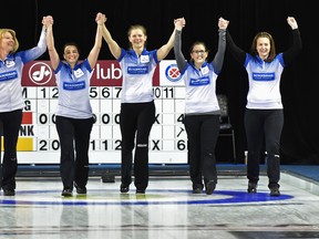 Team Kleibrink, from left, skip Shannon Kleibrink, third Lisa Eyamie, second Sarah Wilkes, lead Alison Thiessen and acting skip Heather Nedohin celebrate after defeating Team Sweeting 6-4 in the final of the Alberta Scotties Tournament of Hearts provincial championship at the St. Albert Curling Club, Sunday, Jan. 29, 2017. (Ed Kaiser)