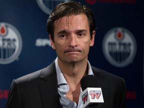 Former Edmonton Oilers head coach Dallas Eakins speaks to the media at Rexall Place, in Edmonton Alta., on Tuesday Dec. 16, 2014. Eakins was fired by the Oilers on Dec. 15, 2014.