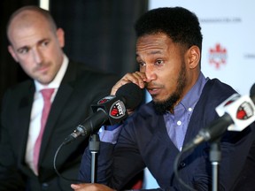 Fury FC’s Julian de Guzman wipes away the tears yesterday at TD Place as he speaks to media about his retirement from soccer. (Julie Oliver/Postmedia Network)