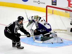 Connor McDavid of the Edmonton Oilers shoots the puck against Devan Dubnyk of the Minnesota Wild during the 2017 Honda NHL All-Star Game at Staples Center on Sunday, Jan. 29, 2017. (Getty Images)