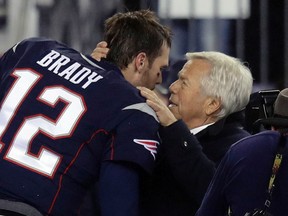 Patriots quarterback Tom Brady (12) greets team owner Robert Kraft before the AFC championship game against the Steelers in Foxborough, Mass., on Jan. 22, 2017. (Charles Krupa/AP Photo)