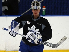 Maple Leafs goaltender Frederik Andersen takes part in the team's workout at the MasterCard Centre in Toronto on Jan. 30, 2017. (DAVE ABEL/Toronto Sun)