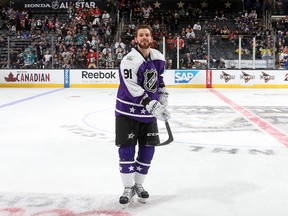 Tyler Seguin of the Dallas Stars shows off his puck-balancing skills before the all-star game on Jan. 29, 2017. (BRUCE BENNETT/Getty Images)