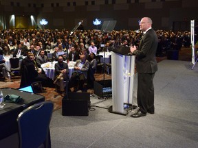 Mayor Matt Brown makes his state of the city address at the London Convention Centre Tuesday to warm applause, but no standing ovation. Brown had little news, focusing instead on well-known successes in 2016, such as record real estate sales. (MORRIS LAMONT, The London Free Press)