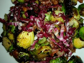 Brussel sprouts with bacon, topped with shredded cabbage