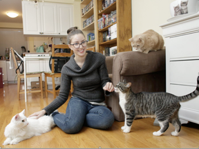 Josée Cyr hangs out with two of her three cats, Tut and Bella, in her home on Nov. 10, 2016. Cyr is launching Ottawa's first cat cafe, set to open this spring. (David Kwai, Postmedia)
