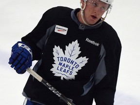 Morgan Rielly on the ice during Leafs practice at the MasterCard Centre in Toronto on Jan. 30, 2017. (Dave Abel/Toronto Sun)