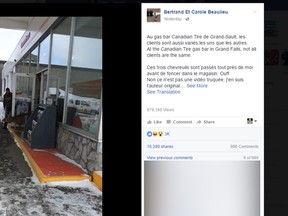 Bertrand Beaulieu posted a video of a trio of deer being shooed out of a convenience store at a New Brunswick gas station on Facebook. (Facebook photo)