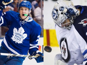 Toronto Maple Leafs' James van Riemsdyk and Winnipeg Jets' Ondrej Pavelec (CP)