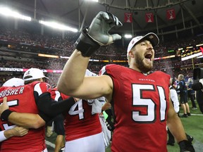 Falcons' Alex Mack celebrates after defeating the Packers in the NFC Championship game in Atlanta to advance to the Super Bowl on Jan. 22, 2017. (Curtis Compton/Atlanta Journal-Constitution via AP)