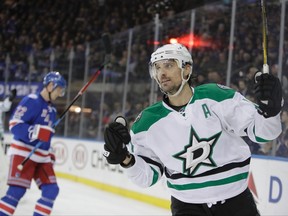 Stars forward Patrick Sharp celebrates after scoring a goal against the Rangers during NHL action in New York City on Jan. 17, 2017. (Frank Franklin II/AP Photo)