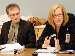 Luke Hendry/The Intelligencer
Quinte Health Care vice-president and chief nursing officer Carol Smith Romeril explains gridlock to the board in a meeting Tuesday7 at Belleville General Hospital. Quinte Health Care hospitals are among those in Ontario dealing gridlock, which occurs when there are more patients than a hospital has beds or staff to care for them. Listening at left is vice-president Brad Harrington.