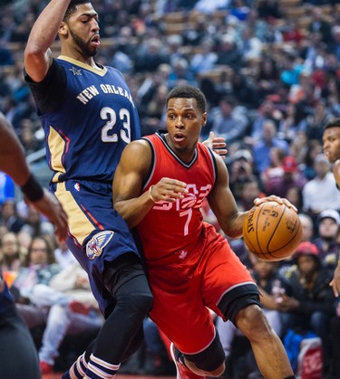 Toronto Raptors Kyle Lowry during 1st half action against the New Orleans Pelicans Anthony Davis at the Air Canada Centre in Toronto, Ont. on Tuesday January 31, 2017. Ernest Doroszuk/Toronto Sun/Postmedia Network