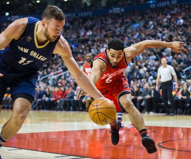 Toronto Raptors Cory Joseph during 1st half action against the New Orleans Pelicans Donatas Motiejunas at the Air Canada Centre in Toronto, Ont. on Tuesday January 31, 2017. Ernest Doroszuk/Toronto Sun/Postmedia Network