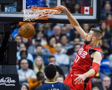 Toronto Raptors Jonas Valanciunas during 2nd half action against the New Orleans Pelicans at the Air Canada Centre in Toronto, Ont. on Tuesday January 31, 2017. Ernest Doroszuk/Toronto Sun/Postmedia Network