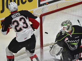 Prince George Cougars forward Aaron Boyd scores on Edmonton Oil Kings goalie Patrick Dea at Rogers Place in Edmonton on Sunday, Jan. 29, 2017. (Ed Kaiser)