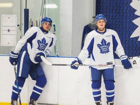 Toronto Maple Leafs forwards Auston Matthews and William Nylander during practice at the MasterCard Centre in Toronto last October. (Ernest Doroszuk/Toronto Sun/Postmedia Network)