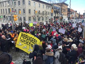 Rally outside the U.S. Embassy in Ottawa after U.S. President Trump issued an executive order banning the entry of individuals from certain Muslim majority countries, temporarily suspending the entry of all refugees into the US, and barring the resettlement of Syrian refugees to the US indefinitely. WAYNE CUDDINGTON / POSTMEDIA