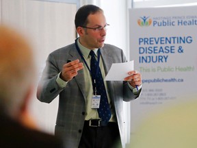 Luke Hendry/The Intelligencer
Dr. Piotr Oglaza delivers an update on influenza during a meeting of the Hastings and Prince Edward Counties Board of Health Wednesday in Belleville. He said the season's flu outbreak appears to be moderate.