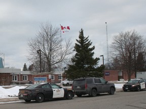 GDCI with several police cars in front of it this afternoon. (Justine Alkema/Clinton News Record)