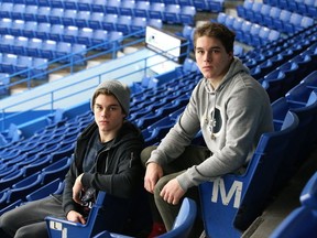 The Pilon twins, from left Drake and Darian before team practice in Sudbury, Ont. on Thursday November 3, 2016. Gino Donato/Sudbury Star/Postmedia Network