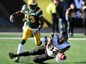 Edmonton Eskimos' Marcell Young (23) looks on as Hamilton Tiger Cats' Brian Tyms (82) misses a touchdown catch during first half CFL playoff action, in Hamilton, Ont., on Sunday, November 13, 2016.