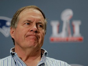 Patriots head coach Bill Belichick addresses reporters during a media availability ahead of Super Bowl 51 in Houston on Wednesday, Feb. 1, 2017. (Charlie Riedel/AP Photo)