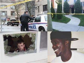 Top left: A police officer at the scene of a Nov. 19 shooting near Richmond and Carling streets. Top right: Police tape cordons off an apartment where a man was shot on Aug. 24. Bottom left: Jeff Hall looks out the basement window of his Marconi Boulevard home that was shattered by a shotgun blast on Oct. 8. Bottom right: Emmanuel Awai, 26, was fatally shot inside his Connaught Avenue apartment on Dec. 28.