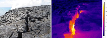 This Jan. 28, 2017 photo, left, provided by the U.S. Geological Survey shows a crack that has developed near the site of a lava stream pouring out of a lava tube on the sea cliff at the Kamokuna ocean entry at the Hawaii Volcanoes National Park on the Big Island of Hawaii. The thermal image and graphic on the right shows the varying temperature of lava and rock within the crack, reaching as high as 428 degrees Fahrenheit (220 degrees Celsius). (U.S. Geological Survey via AP)