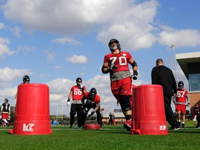 Falcons tackle Jake Matthews (70) goes through drills with teammates during a practice for Super Bowl 51 in Houston on Wednesday, Feb. 1, 2017. (Eric Gay/AP Photo)