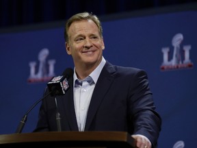 NFL commissioner Roger Goodell answers questions during a news conference ahead of Sunday's Super Bowl 51 game in Houston on Wednesday, Feb. 1, 2017. (David J. Phillip/AP Photo)