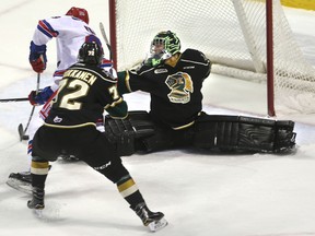 Jonathan Yantsis of the Rangers buries his backhander behind Knights goaltender Tyler Parsons before Nicolas Mattinen is able to cover him for the only Rangers goal so far in their game at Budweiser Gardens n London, Ont. on Wednesday February 1, 2017. Mike Hensen/The London Free Press/Postmedia Network