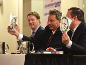 Alberta Conservative Party leadership candidate Richard Starke seems flustered during a lighthearted lightning round session of silly questions with Byron Nelson (left) and Jason Kenney at the Pomeroy Hotel on Friday January 27, 2017 in Grande Prairie, Alta. The three candidates debated and answered questions from the public for an hour-and-a-half. Svjetlana Mlinarevic/Grande Prairie Daily Herald-Tribune/Postmedia Network
