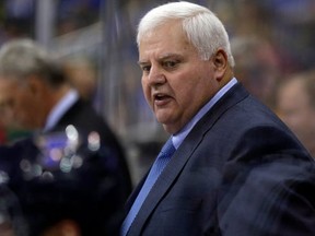 Head coach Ken Hitchcock of the St. Louis Blues watches from the bench during the preseason game against Washington Capitals at Sprint Center on October 5, 2016 in Kansas City, Missouri. (Jamie Squire/Getty Images)