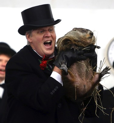 Head Wrangler Jerry Guthlein holds up his groundhog Milltown Mel on Groundhog Day at the American Legion, Thursday, Feb. 2, 2017 in Milltown, N.J. Milltown Mel handlers said he did not see his shadow.  (Bob Karp/The Daily Record via AP)